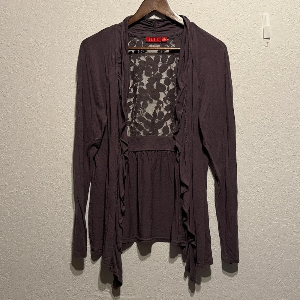 Elle Purple Gray Lace Back Open Front Cardigan Size XL Lightweight Long Sleeve